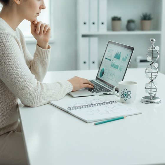 Research scientist evaluating an AI model's scientific answers on a laptop at home