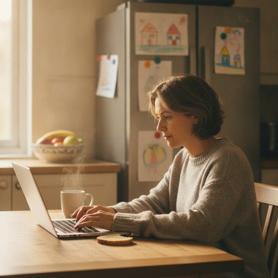 Stay-at-home parent doing flexible remote AI work on a laptop at the kitchen table