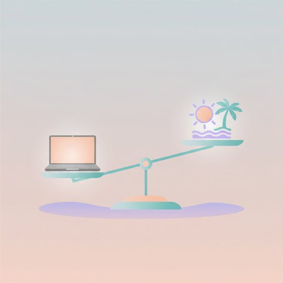 A balanced scale of work and life with a laptop and leisure icon