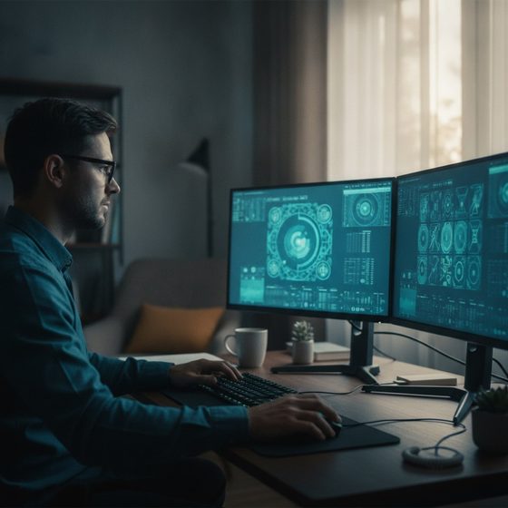 Person checking whether an AI training platform is legitimate on a laptop