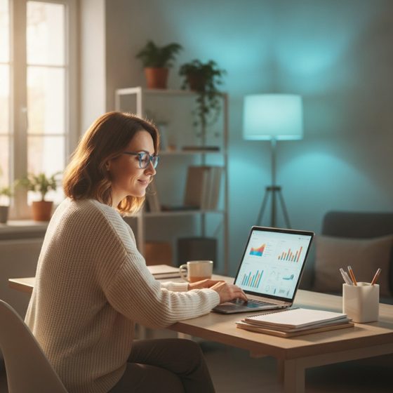 Teacher transitioning into remote AI evaluation work on a laptop