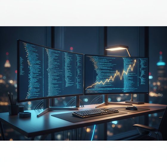 Dual-monitor coding setup at night with an abstract earnings sparkline