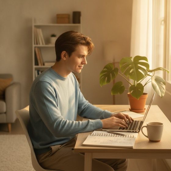 Recent college graduate working on a laptop at a sunlit apartment desk