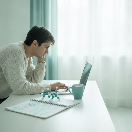 Scientist reviewing data on a laptop at a home desk