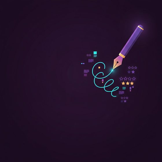 A glowing pen writing a line that becomes text and rating icons