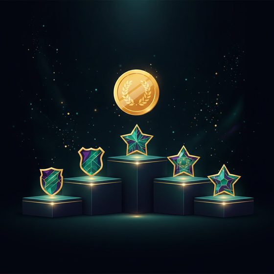 A podium of expert credential badges with a large coin above